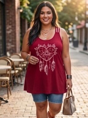 Womens Red Dreamcatcher Fitted Tank Top - Celestial Plus Size Top, 4X